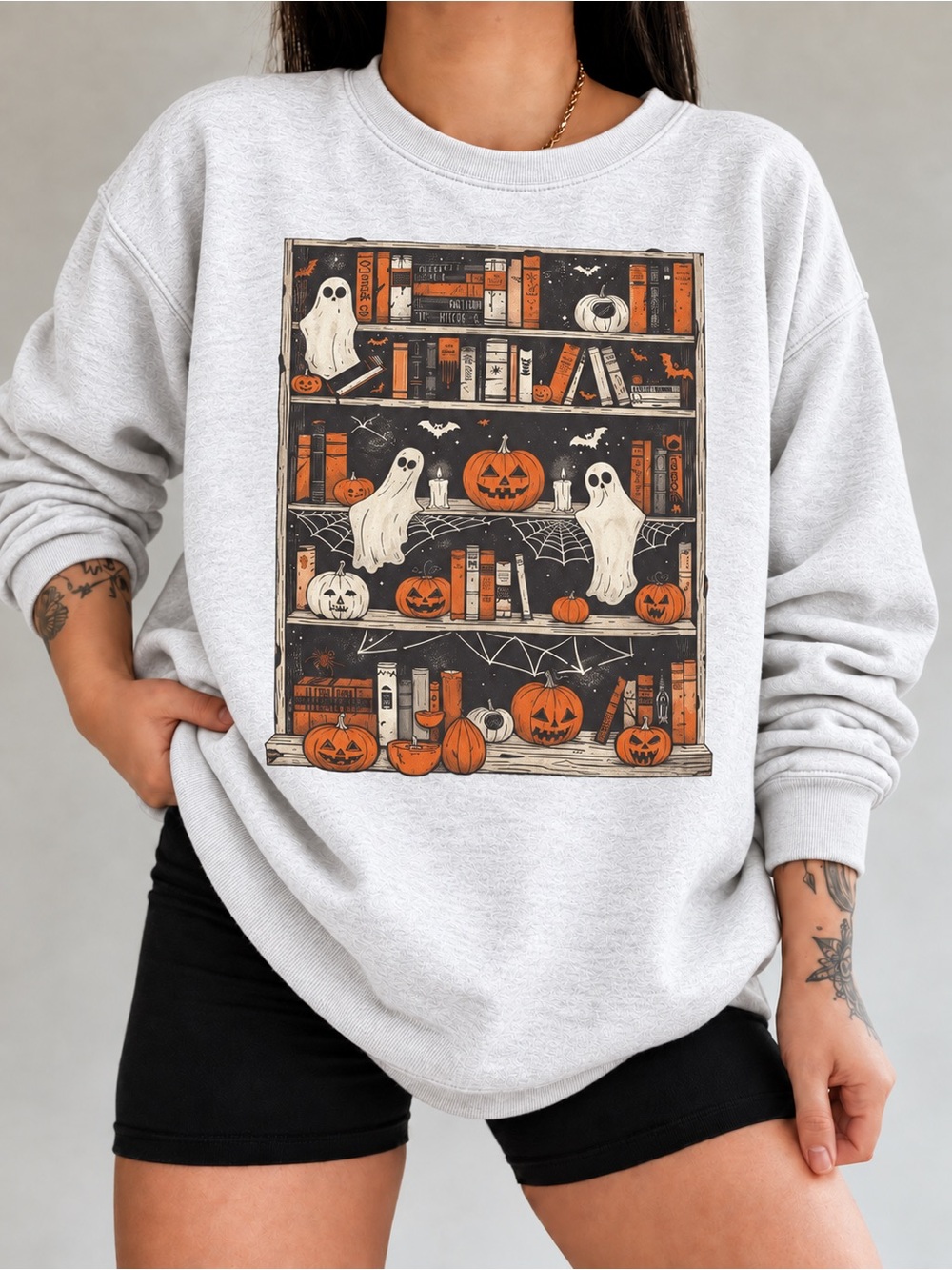 Halloween Ghost Bookcase Unisex Sweatshirt Pumpkin Crewneck